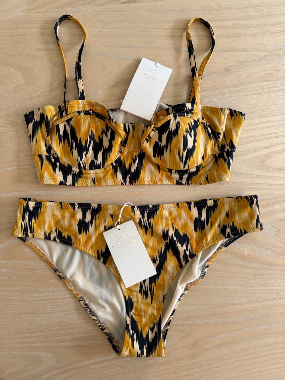 Ulla Johnson Yellow and Black Ikat-Print Bikini Set